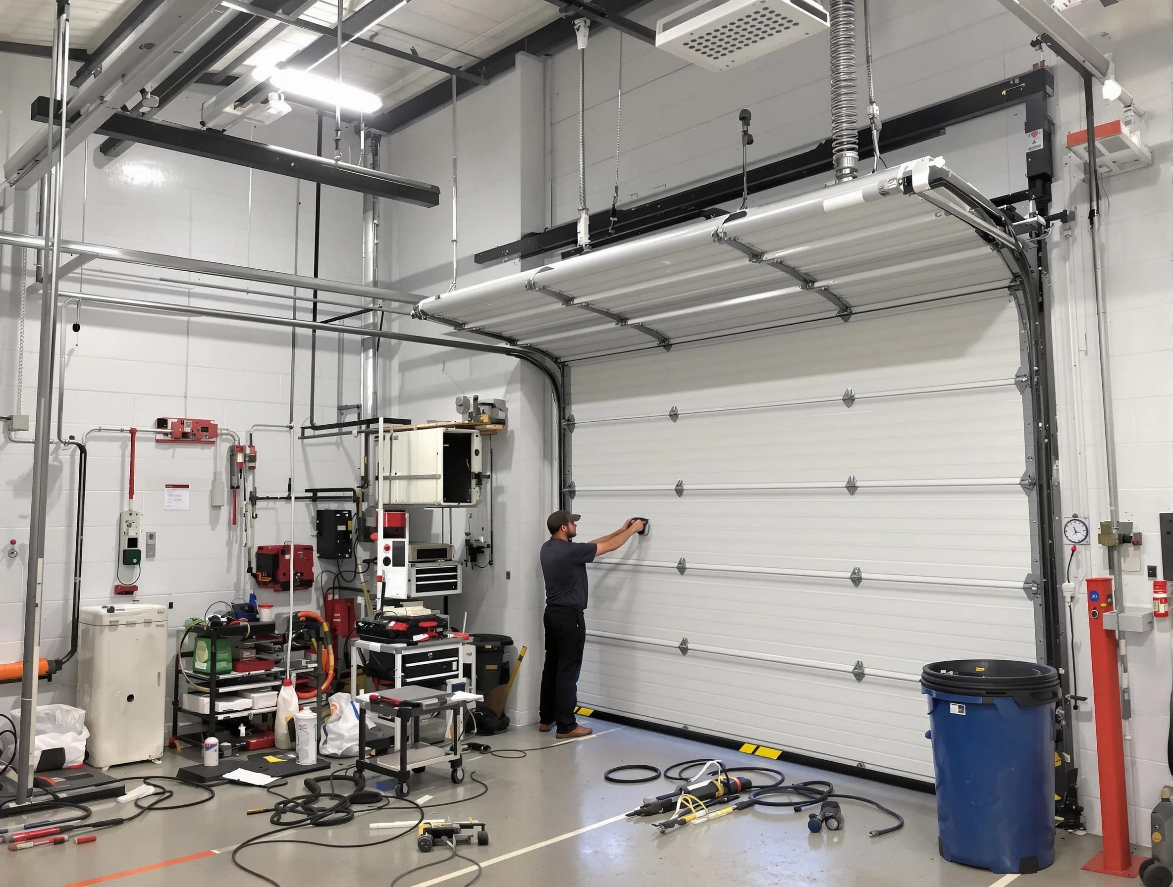 Bluffdale Garage Door Repair certified technician performing commercial door repair at a Bluffdale business facility