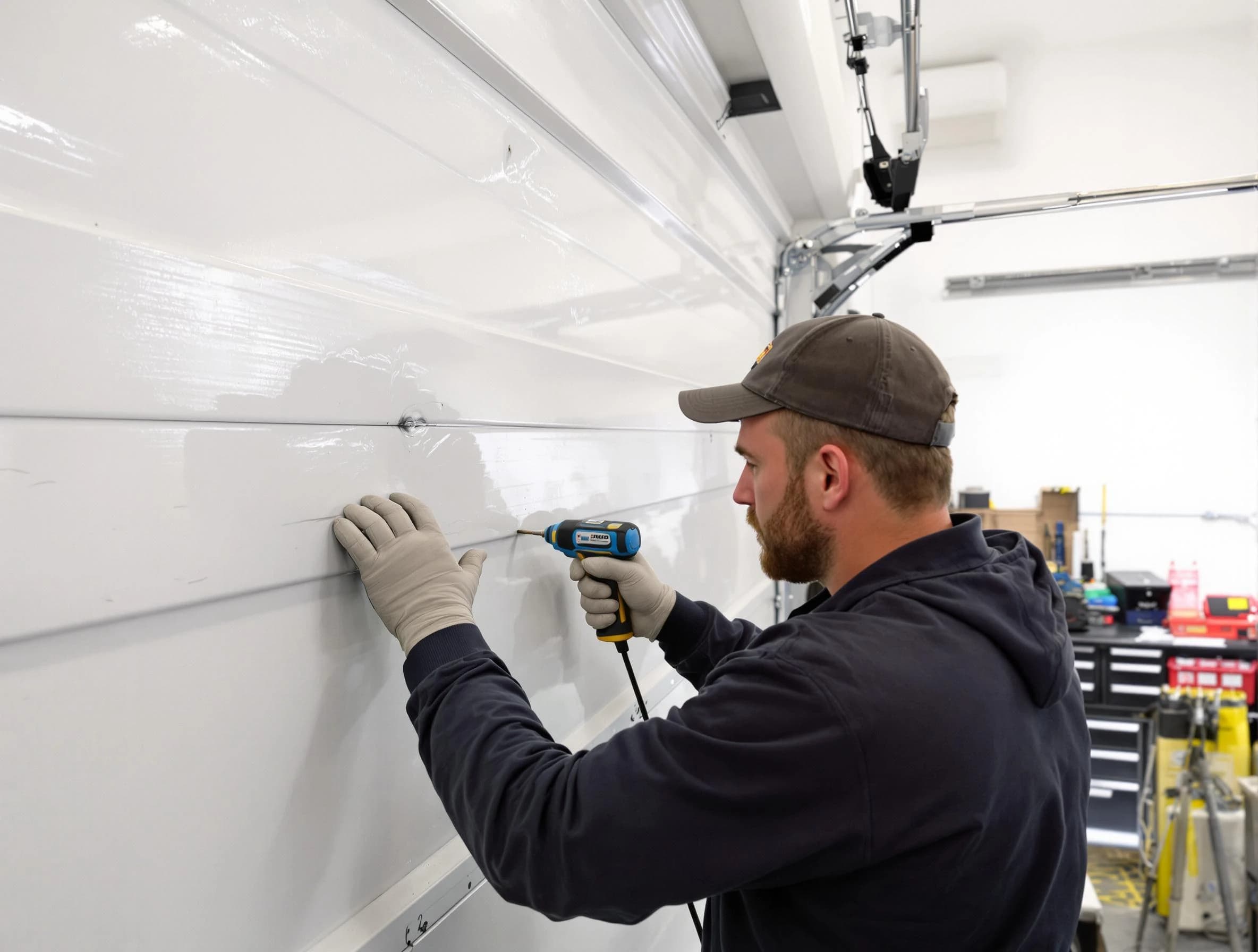 Bluffdale Garage Door Repair technician demonstrating precision dent removal techniques on a Bluffdale garage door