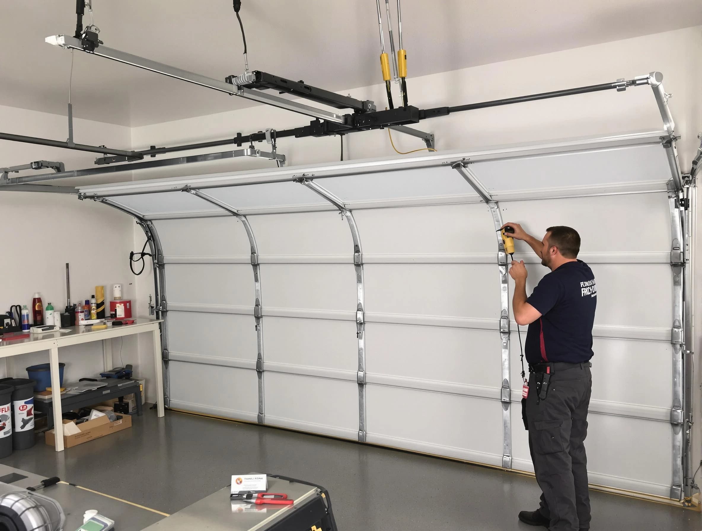 Bluffdale Garage Door Repair certified technician performing overhead door system repair in Bluffdale
