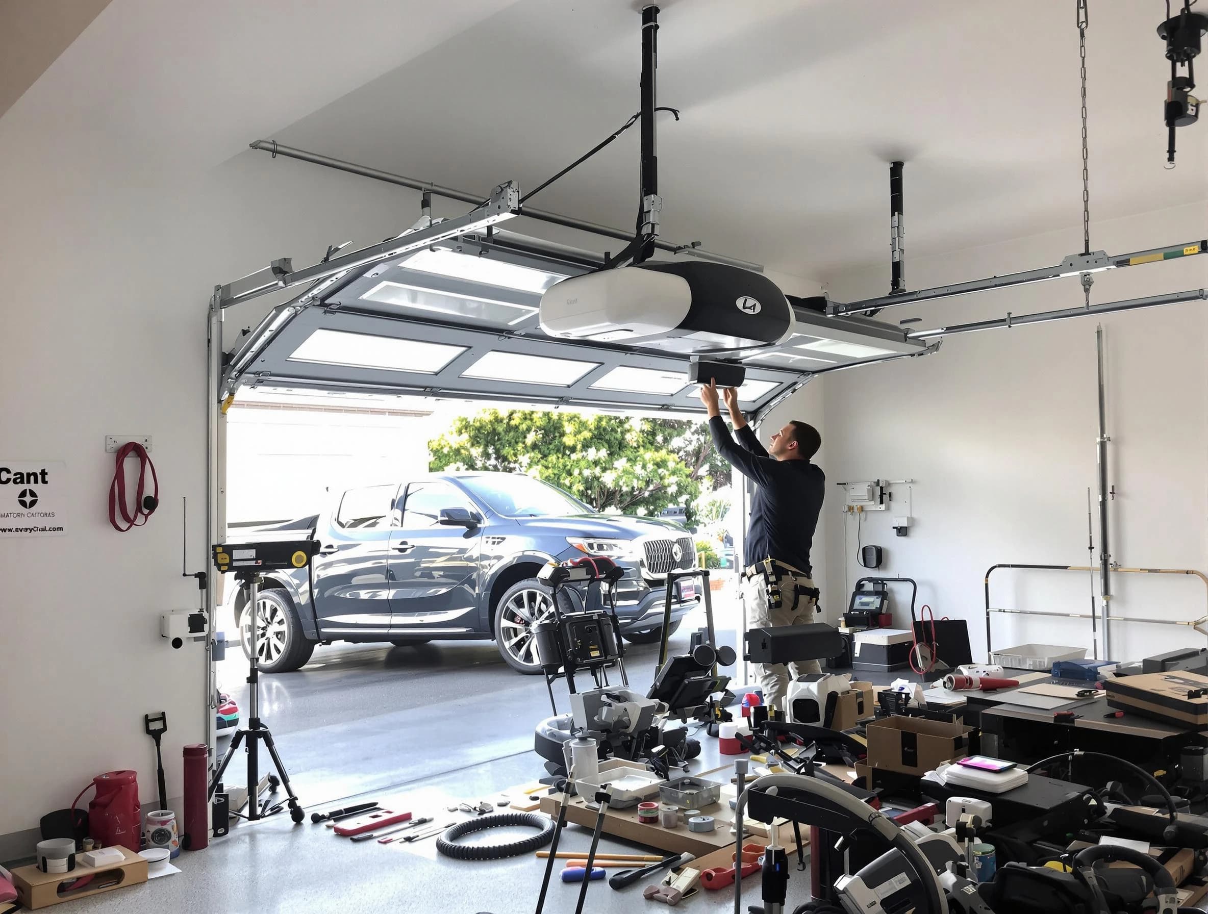 Bluffdale Garage Door Repair specialist installing smart garage door opener system in Bluffdale home